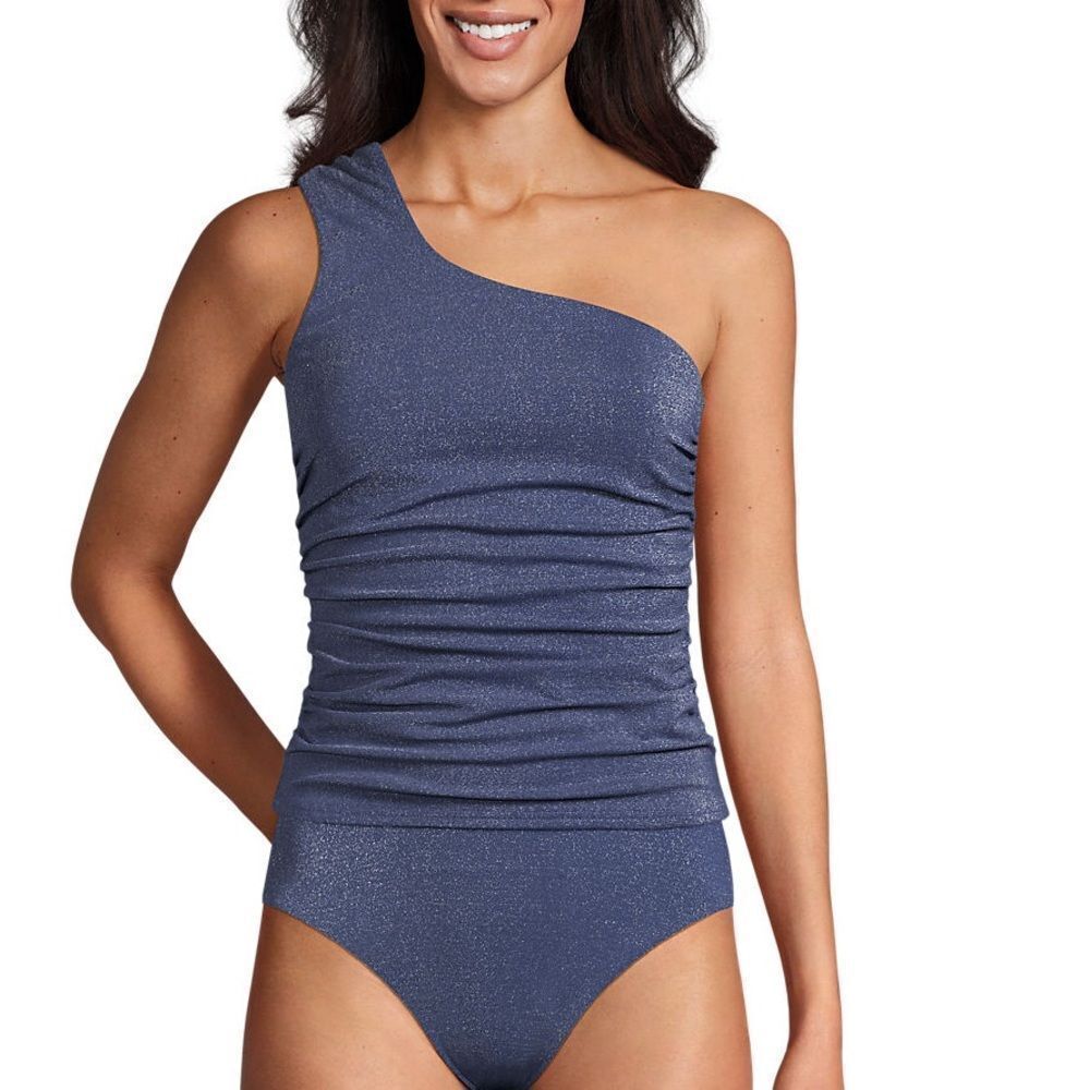 Land's End Plus chlorine resist shine Shirred one shoulder tankini top blue 14